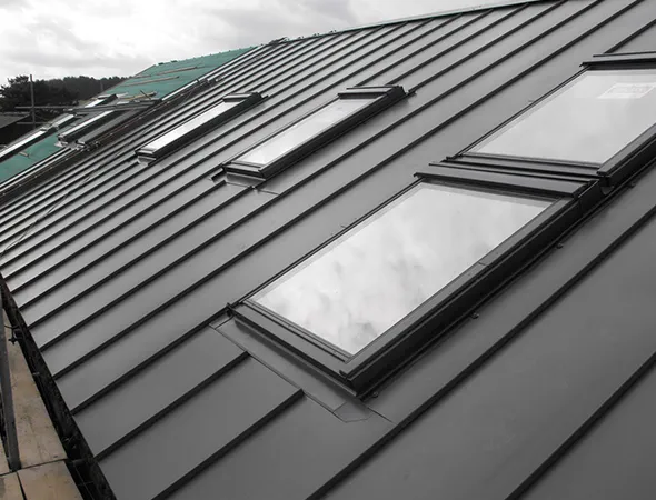 A modern, slanted metal roof with multiple skylights reflecting a cloudy sky. The design is sleek and minimalistic, conveying a contemporary feel.